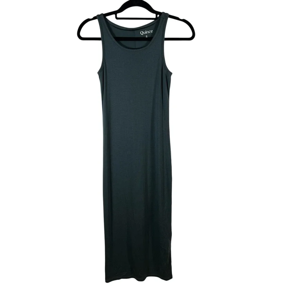Quince‎ Tencel Ribbed Tank Midi Dress Forest Green STIEC01 SP23 Small Bodycon